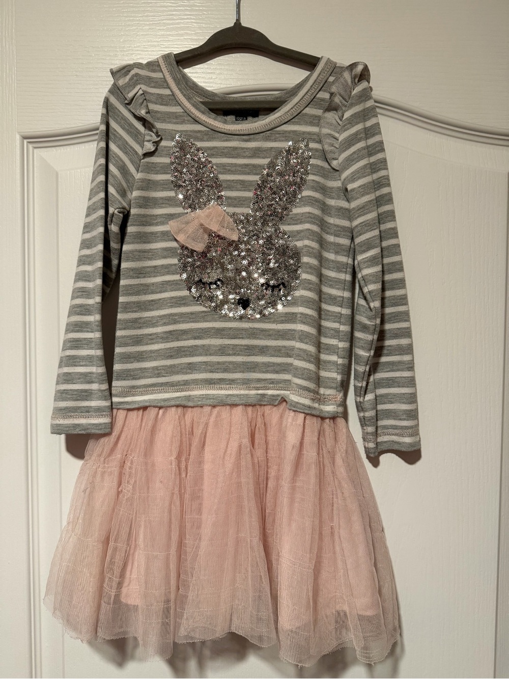 Zunie Gray and White Striped Top with Silver Sequin Accent